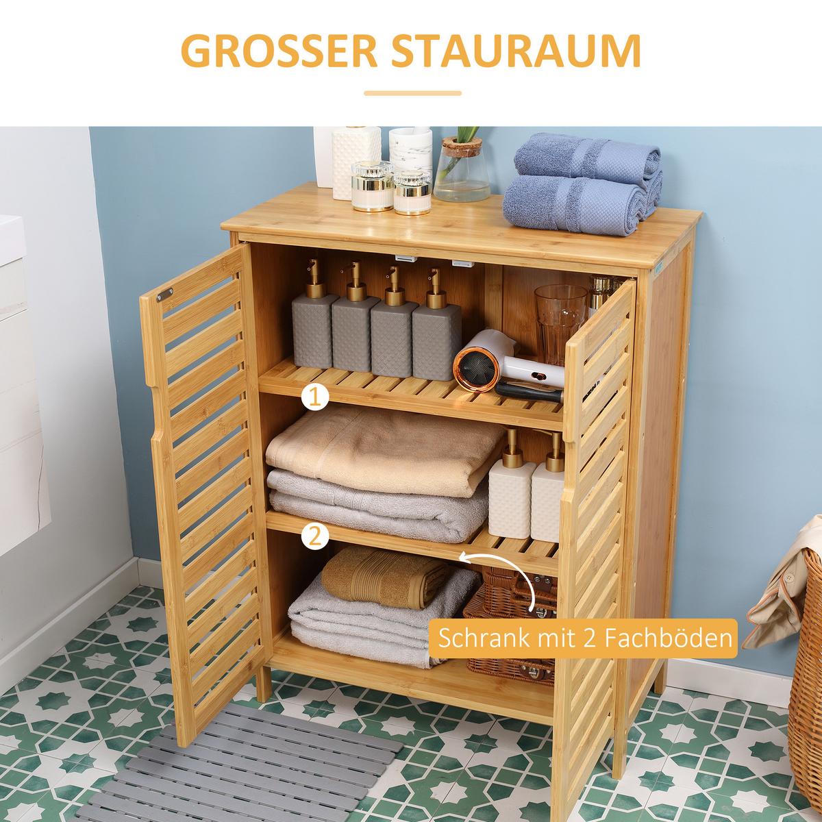 BADEZIMMERSCHRANK mit 2 Lamellentüren, 68 x 32 x 86 cm, Natur - Naturfarben, Naturmaterialien (32/86/68cm) - Kleankin