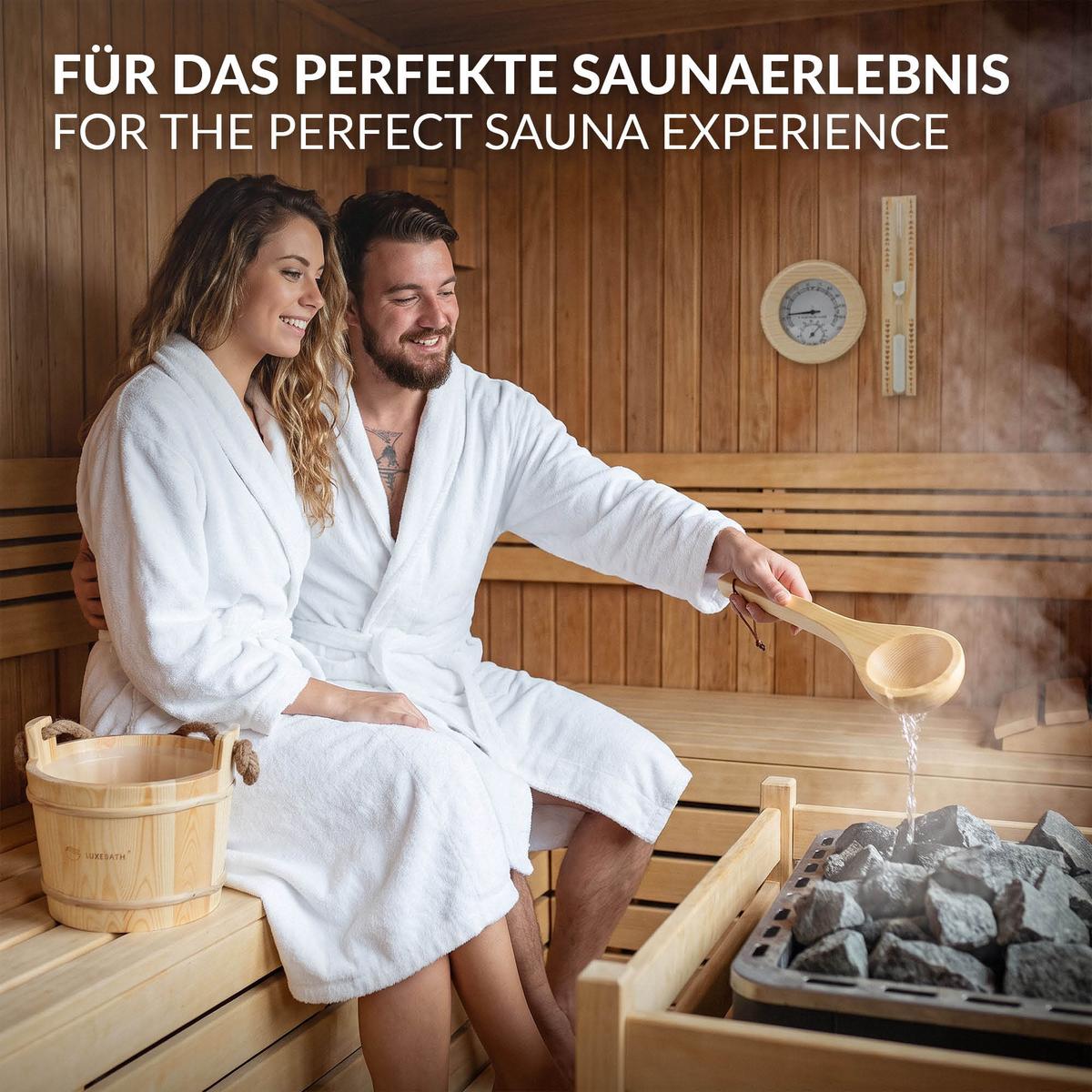 SAUNAZUBEHÖR-SET 4-teilig aus Kiefernholz mit Saunaeimer, Saunakelle, Thermometer-Hygrometer & Sanduhr - Naturfarben, Holz (37/30/27.5cm) - LuxeBath