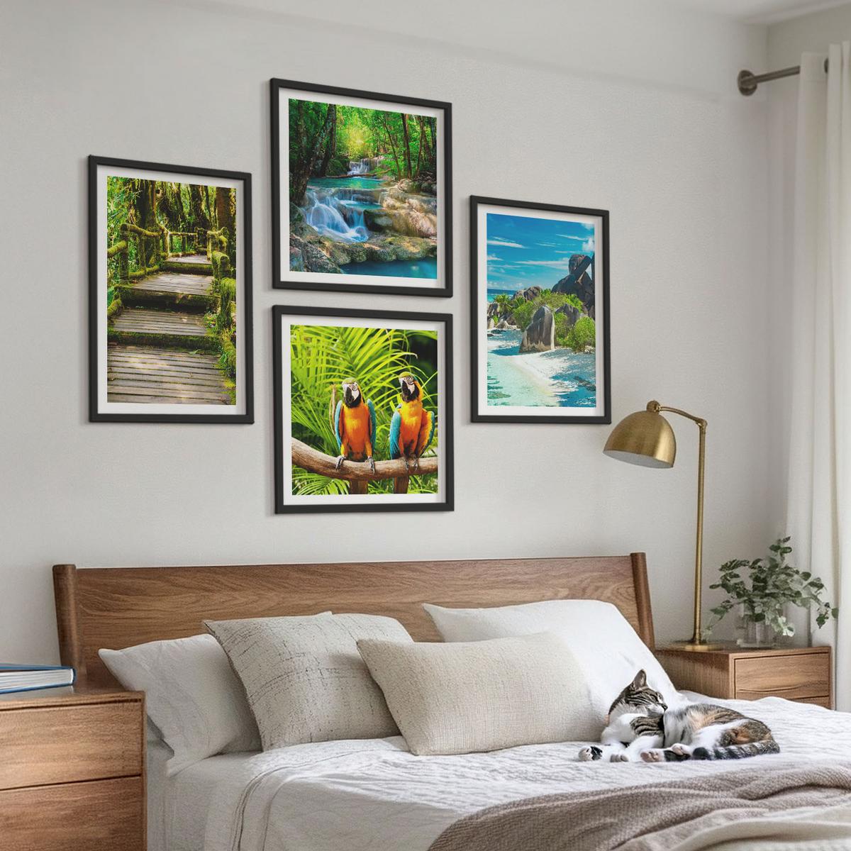 BILDER SET 4er Set - 50x50 cm & 40x60 cm Schwarzer Rahmen - Tropischer Wald Papageienwasserfall - Schwarz, Kunststoff (50/50cm) - TULUP