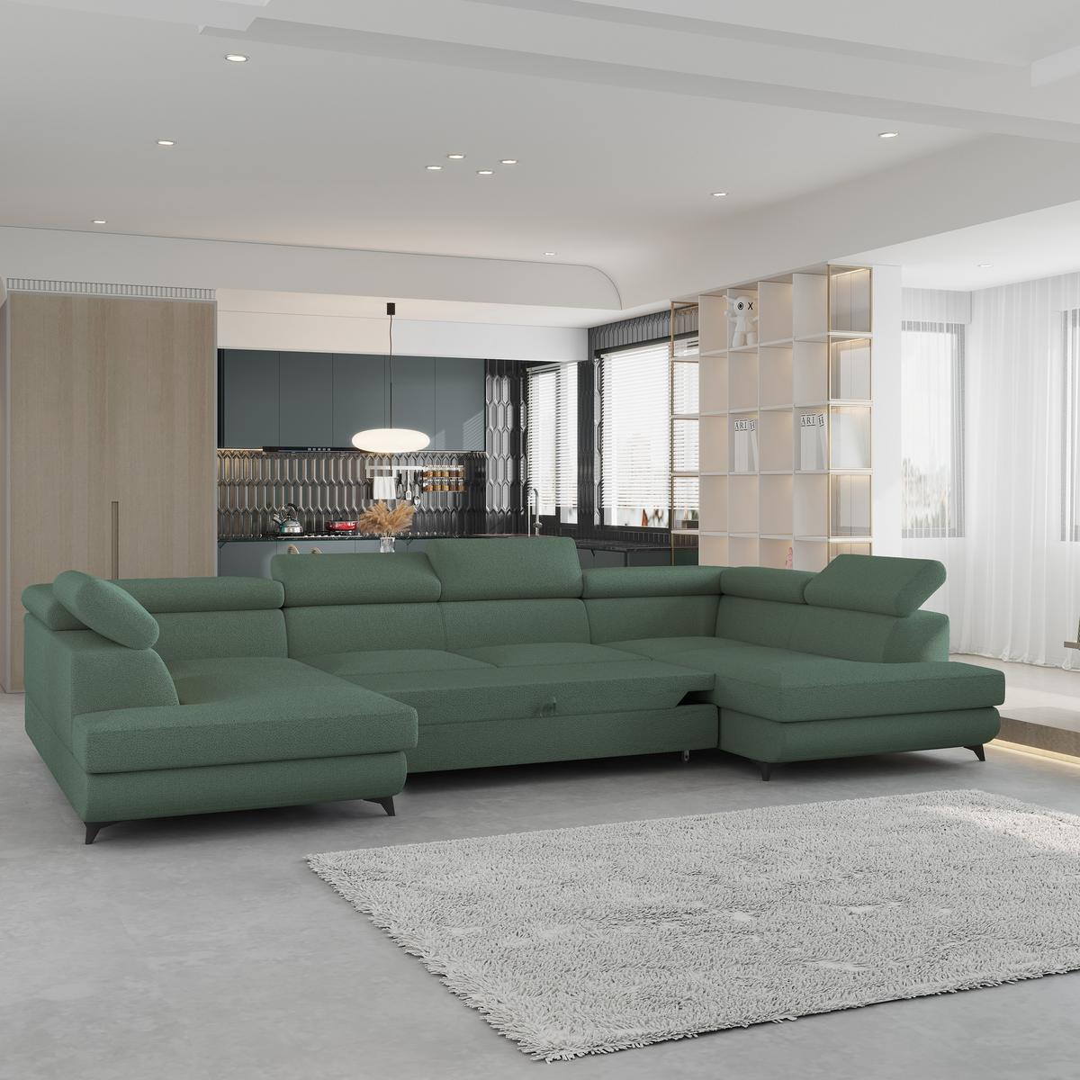 WOHNLANDSCHAFT VINTESSA Grün Boucle-Stoff mit Schlaffunktion - Grün, Holz (323/89/190cm) - MASSENO