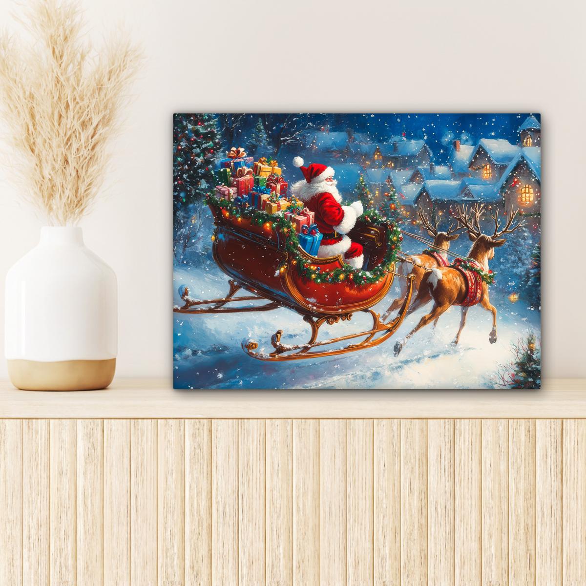 LEINWANDBILD Weihnachtsmann - Rentier - Weihnachten - Schnee Wandbild 40x30 cm - Cognac, Textil (40/30cm) - MuchoWow
