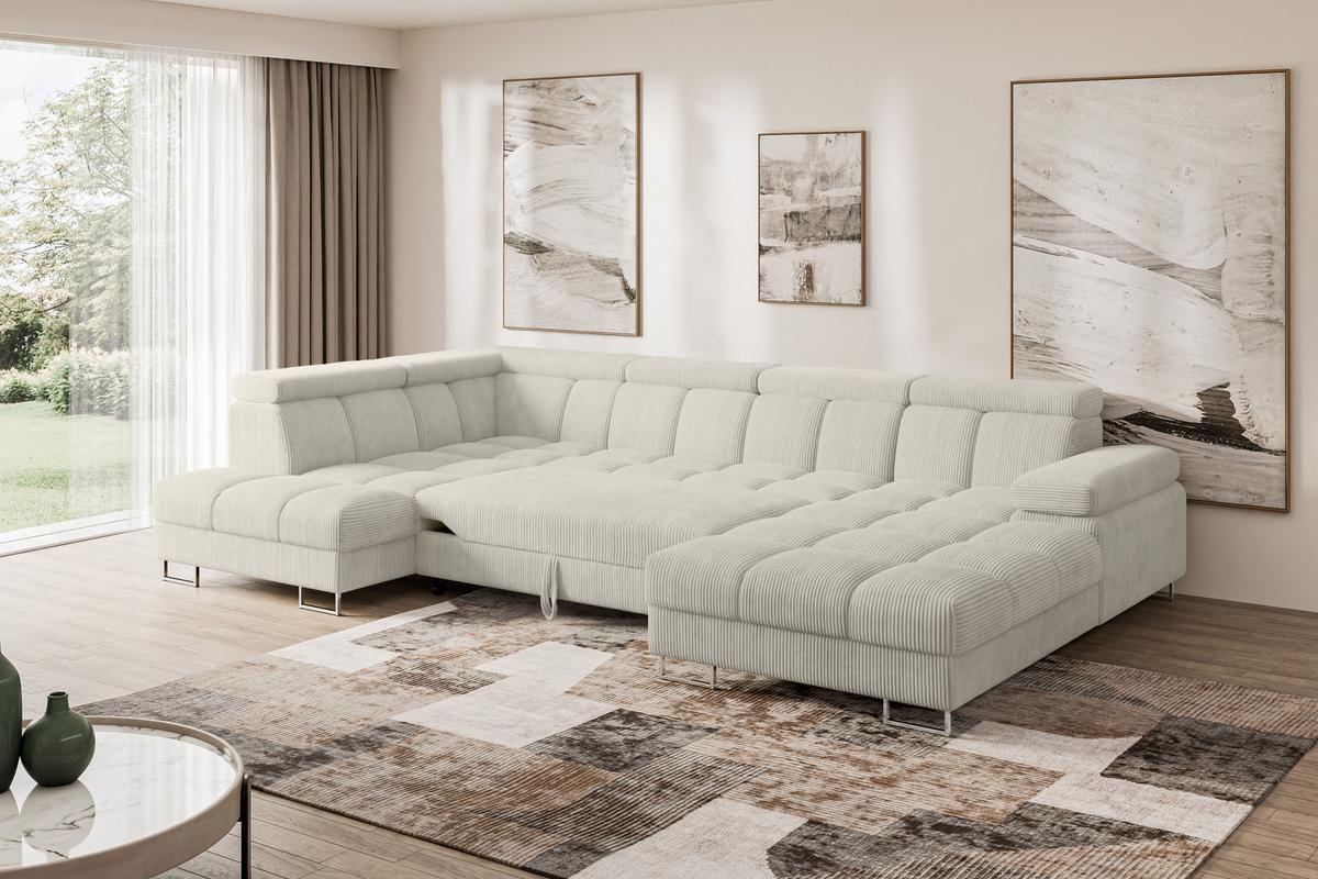 WOHNLANDSCHAFT mit Schlaffunktion und Bettkasten Ottomane Links COMA U 345x203x79 Creme Cord - Mokka, Holzwerkstoff/Textil (345/79/203cm) - ALTDECOR