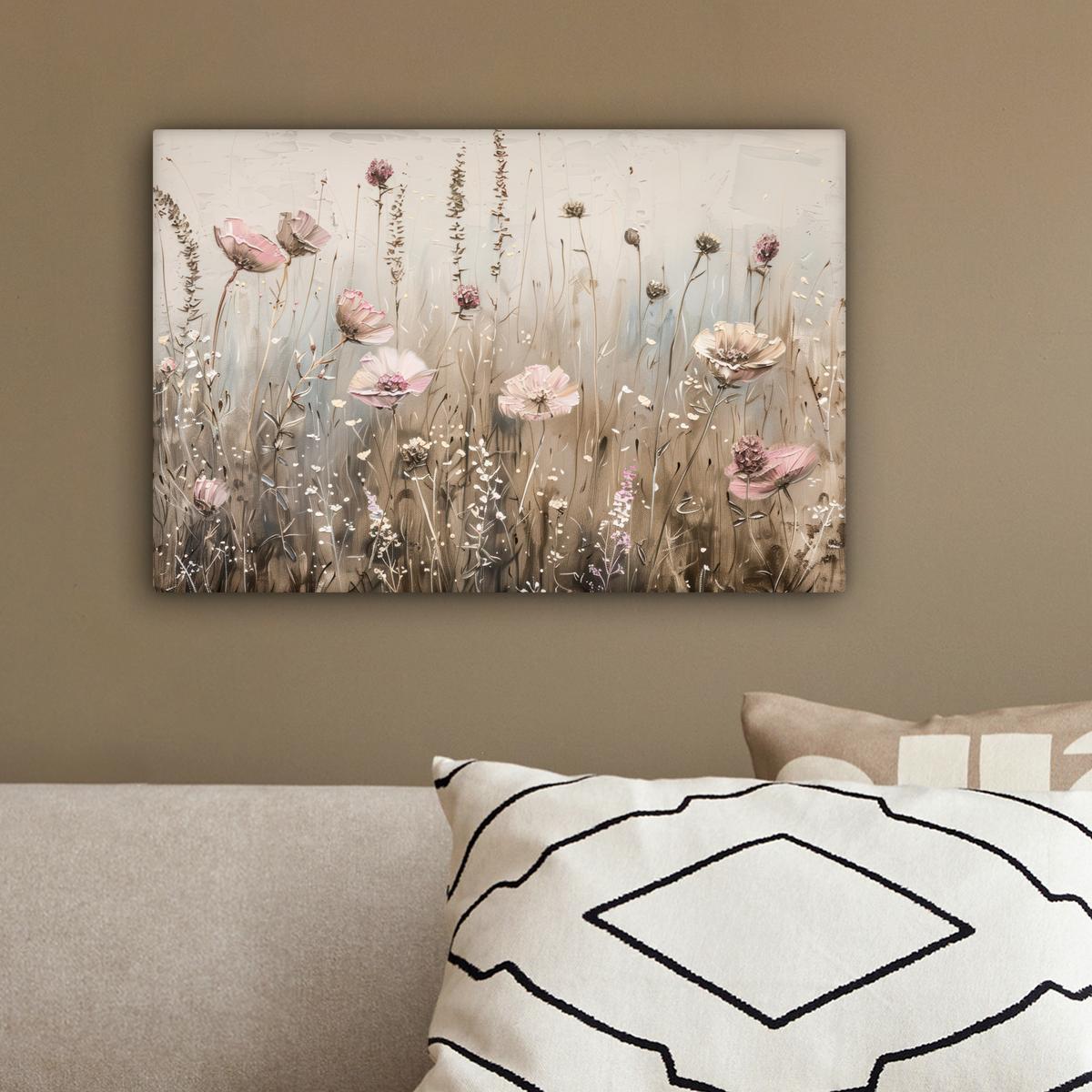 LEINWANDBILD Blumen - Rosa - Modern - Beige Deko Schlafzimmer 30x20 cm - Beige, Textil (30/20cm) - MuchoWow