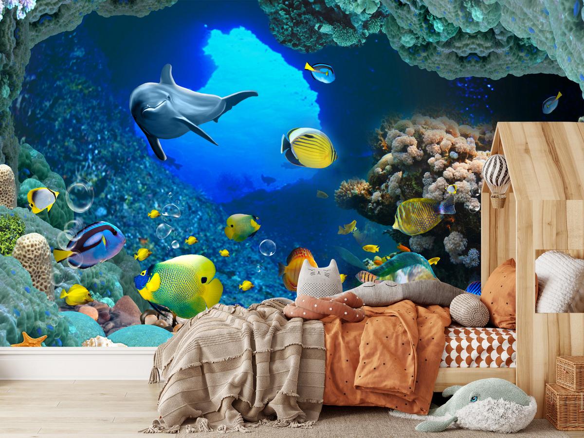 FOTOTAPETE für Badezimmer Unterwasser Korallenriffe Fische 350x256 - Türkis/Blau, Papier (350/256cm) - Muralo
