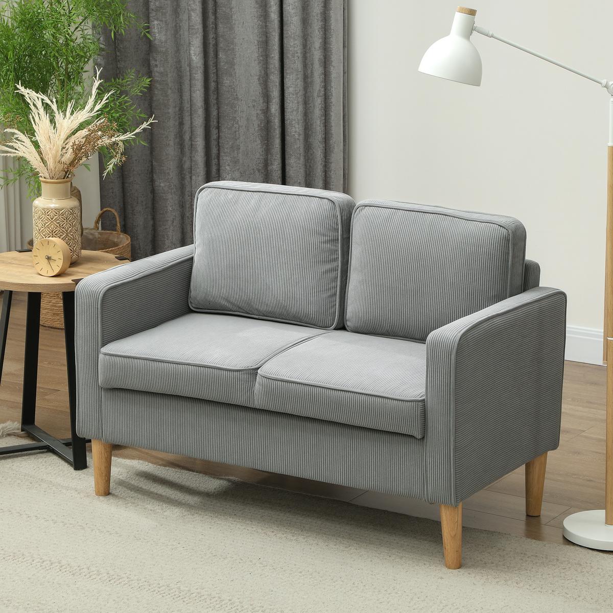 SOFA 2 Sitzer klein Couch mit Armlehne, Stauraum für Wohnzimmer, Hellgrau - Hellgrau/Naturfarben, Holz/Textil (63/79/117cm) - HOMCOM