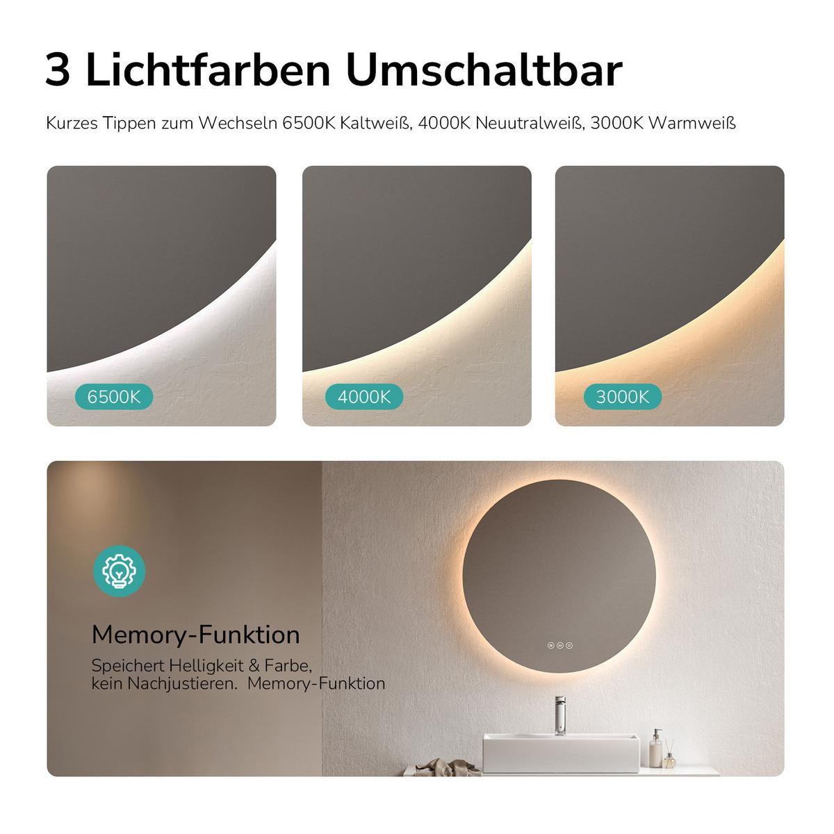 BADSPIEGEL Rund mit Beleuchtung Rahmenlos, 3 Lichtfarben, beschlagfrei, Ø 70 cm - Transparent, Glas (70/70/3cm) - EMKE