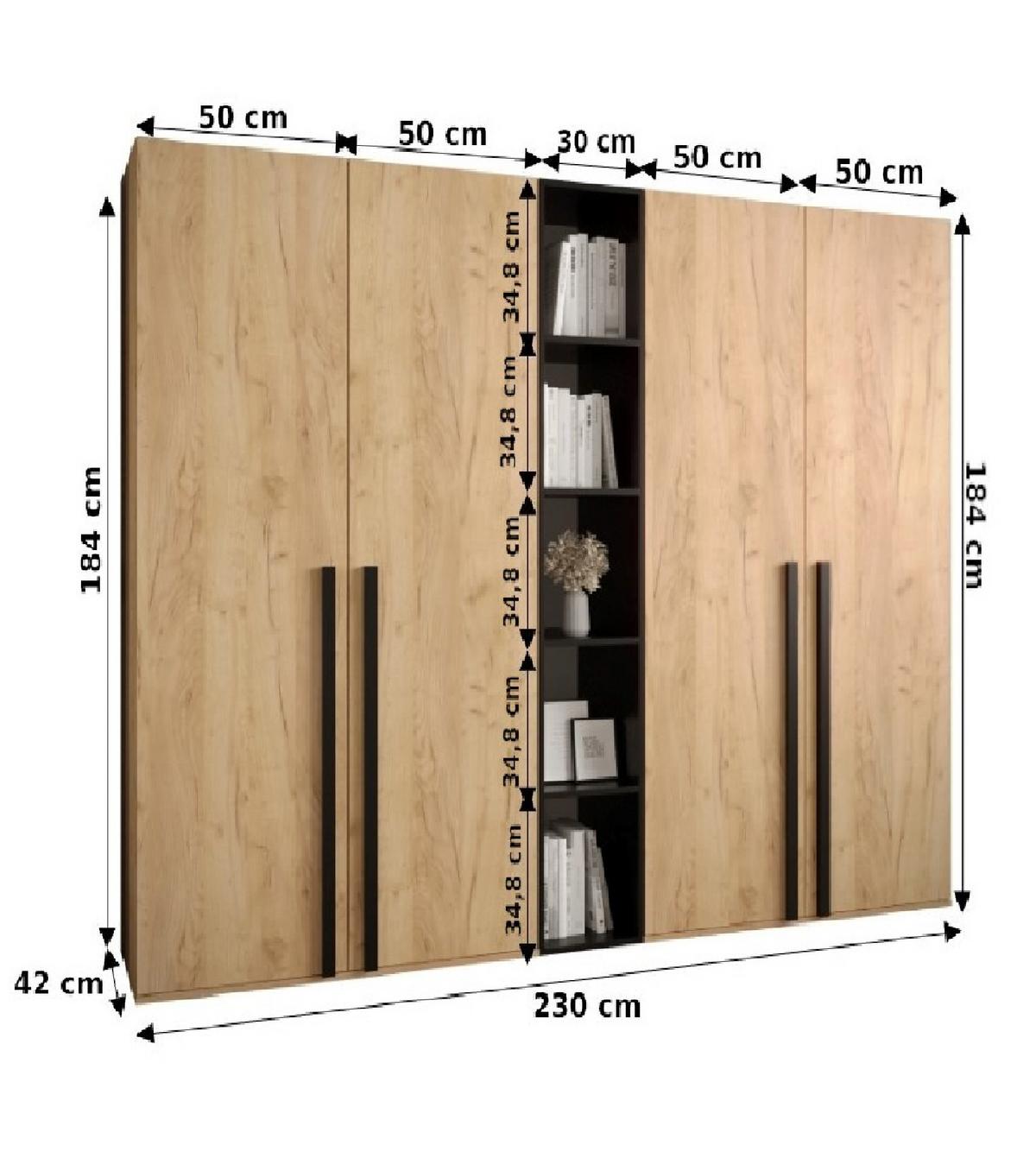 GARDEROBENSCHRANK 230/184/42 - Eichefarben/Schwarz, Holz/Kunststoff (230/184/42cm) - MÖBEL KRYSPOL