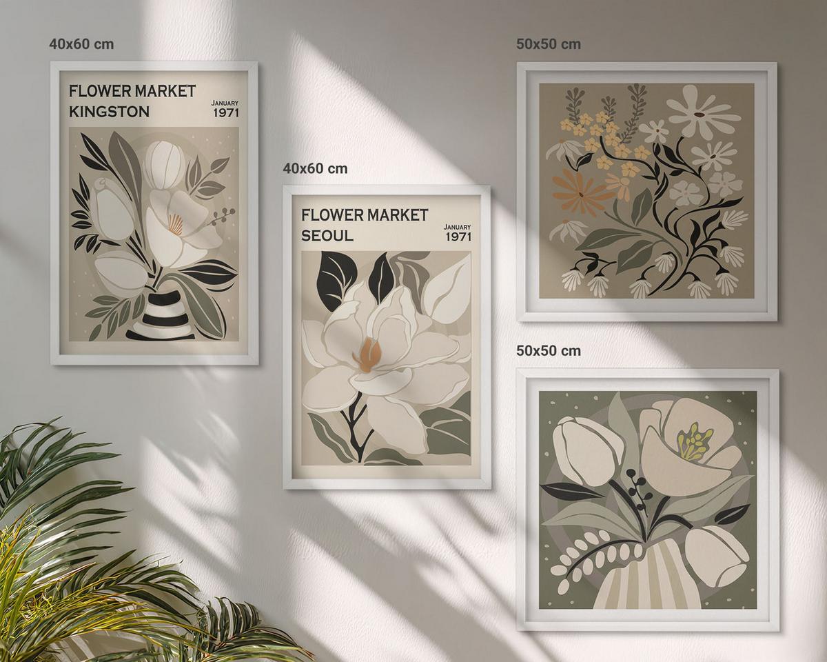 BILDER SET 4er Set - 50x50 cm & 40x60 cm Weißer Rahmen - Kingston Seoul Retro-Blumen - Weiß, Kunststoff (50/50cm) - TULUP
