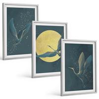 BILDER SET 3er Set - 40x60 cm Silberner Rahmen - Kraniche im Flug bei Nacht - Silberfarben, Kunststoff (40/60cm) - TULUP