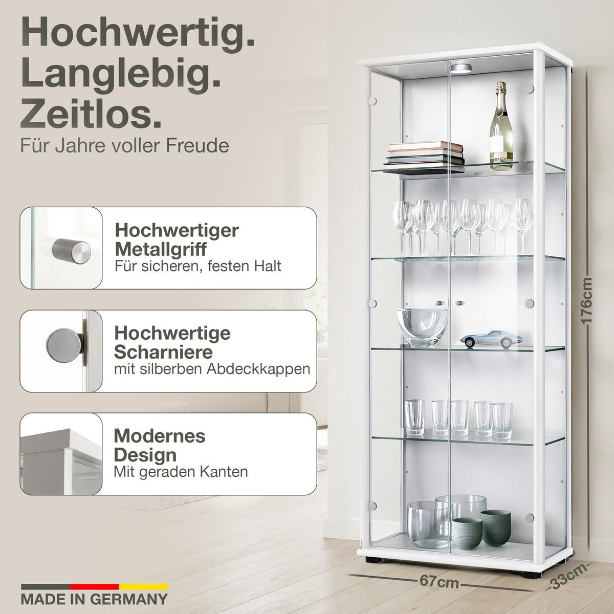 VITRINE 33/67/176 cm mit LED & 4 höhenverstellbaren Glasböden - Transparent/Silberfarben, Glas/Holzwerkstoff (67/176/33cm) - K-Möbel