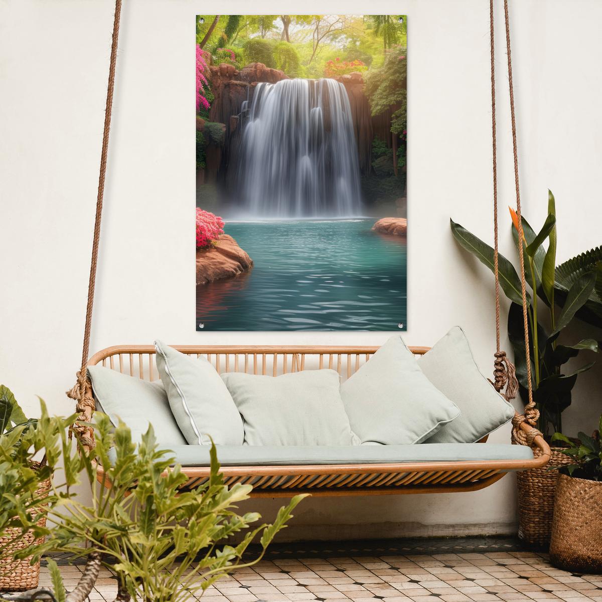 GARTENPOSTER Wasserfall - Natur - Pflanzen - Dschungel - Wasser Outdoor Bilder 80x120 cm - Grün, Kunststoff (80/120/0.2cm) - OnlyWow