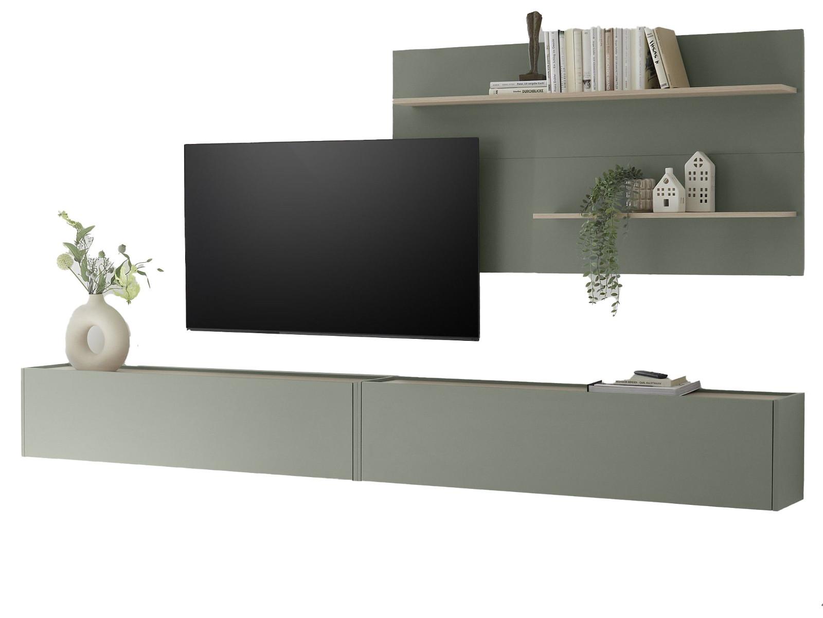 WOHNWAND in Salbei Grün mit Eiche, Wohnzimmer Fernsehschrank mit 300 cm TV Lowboard, gesamt 300 x 190 cm - Salbeigrün/Eichefarben, Holz/Holzwerkstoff (300/190/30cm) - Furn.Design
