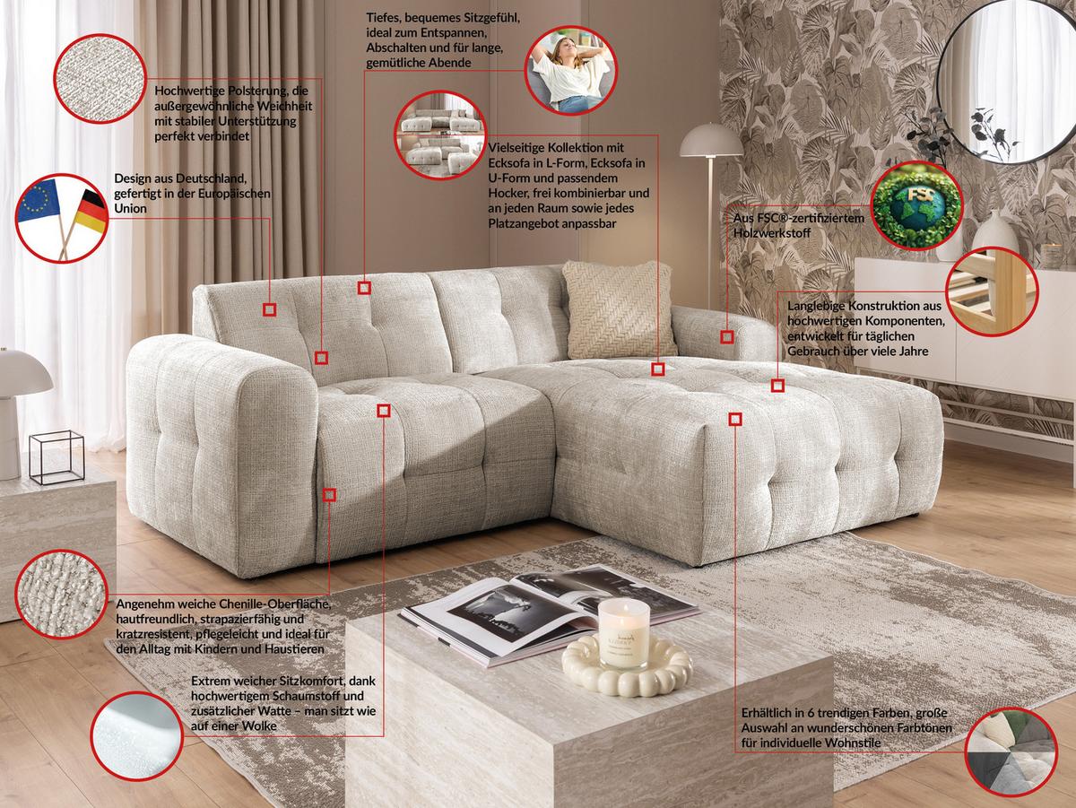 ECKSOFA Kozy im Bumpy-Design mit fester Rückenlehne aus weichem Dunkelbeige Chenille-Stoff - Ottomane rechts - Beige/Schwarz, Holz/Kunststoff (234/161cm) - S-Style Möbel