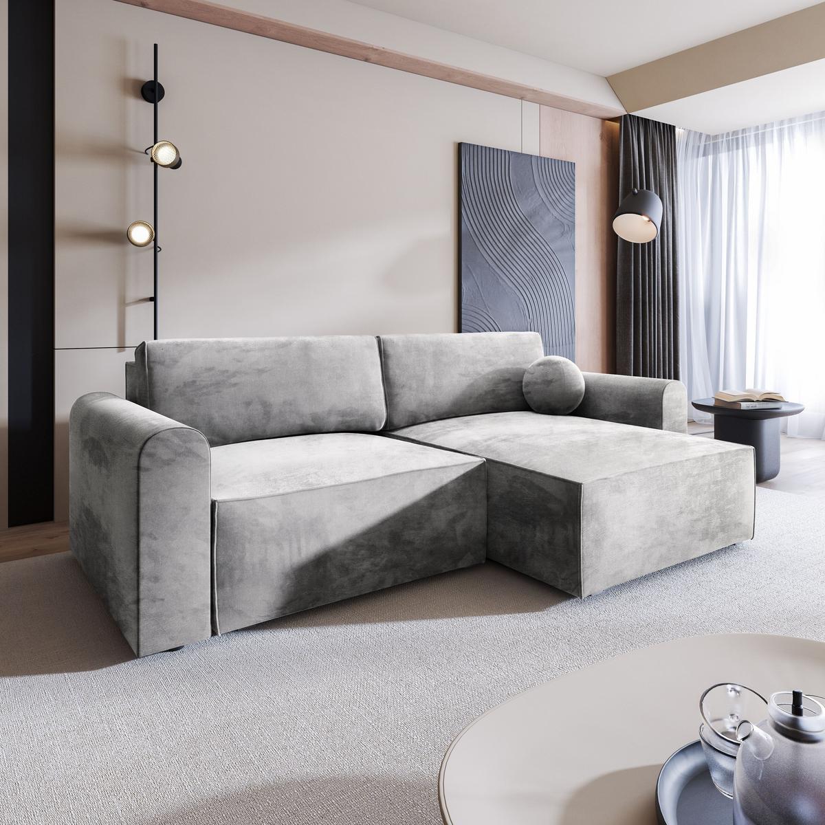 ECKSOFA FIANO M Hellgrau Velours-Stoff mit Schlaffunktion - Hellgrau/Grau, Holz/Kunststoff (245/148cm) - MASSENO