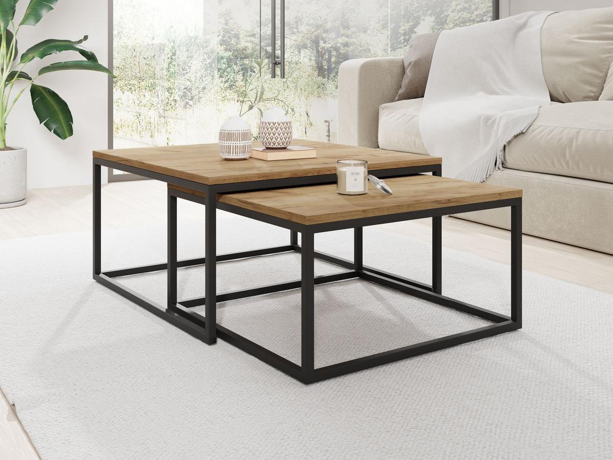 COUCHTISCHE Vella 2er-Set quadratisch, Craft Eiche 76/76/39cm + 66/66/34 cm - Eiche Wotan/Schwarz, Holzwerkstoff/Metall (76/76/39cm) - WFL GROUP