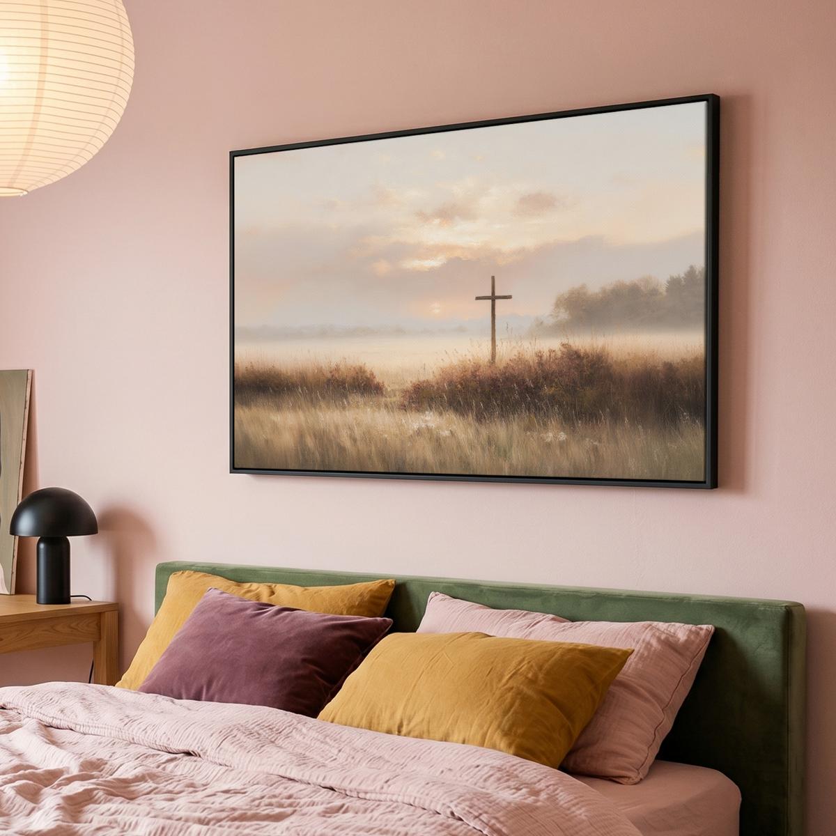 LEINWAND Bilder mit Rahmen - Gras - Morgennebel - Kreuz - Christentum - 120x80 - Beige, Textil (120/80cm) - MuchoWow