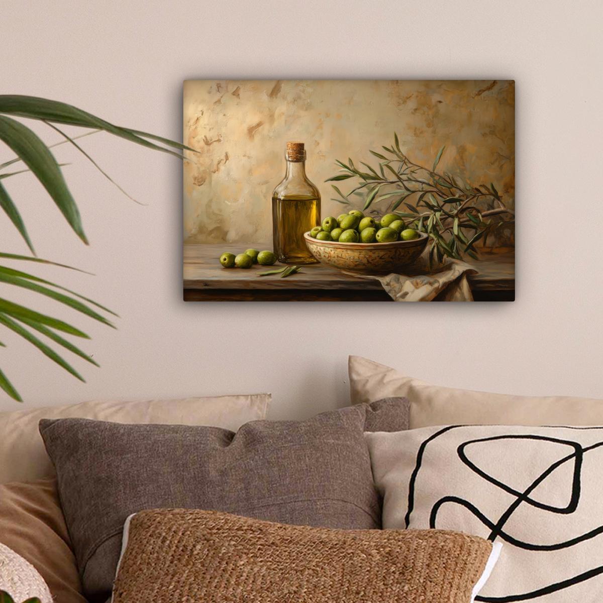 LEINWANDBILD Oliven - Stilleben - Vintage Deko Schlafzimmer 30x20 cm - Olivgrün, Textil (30/20cm) - MuchoWow