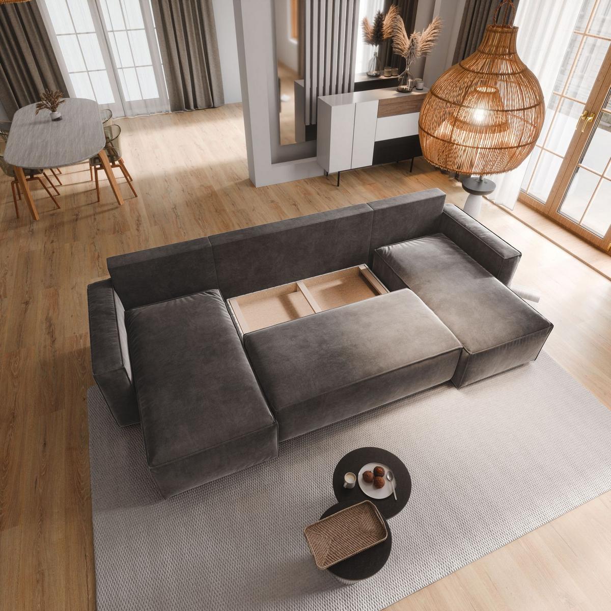 WOHNLANDSCHAFT DENI Creme Velours-Stoff mit Schlaffunktion - Creme/Grau, Holz/Kunststoff (295/85/140cm) - MASSENO