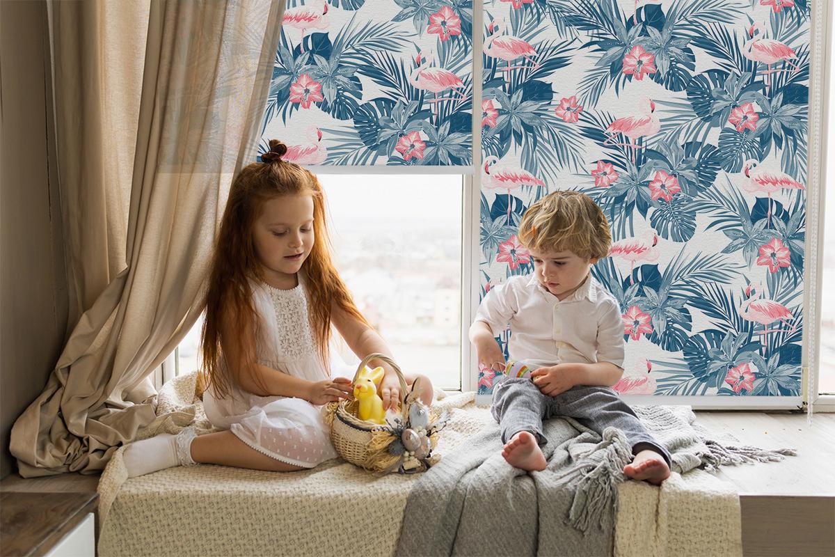 INNENROLLO - Fensterrollo - Rollo - 150x180 cm - Tropische Pflanzen und Flamingos - Blau, Kunststoff (150/180/0.5cm) - TULUP