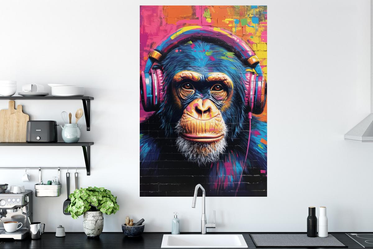 WANDTATTOO Graffiti - Schimpanse - Straßenkunst - Kopfhörer - Affe Wandaufkleber 80x120 cm - Blau, Kunststoff (80/120/0.1cm) - MuchoWow