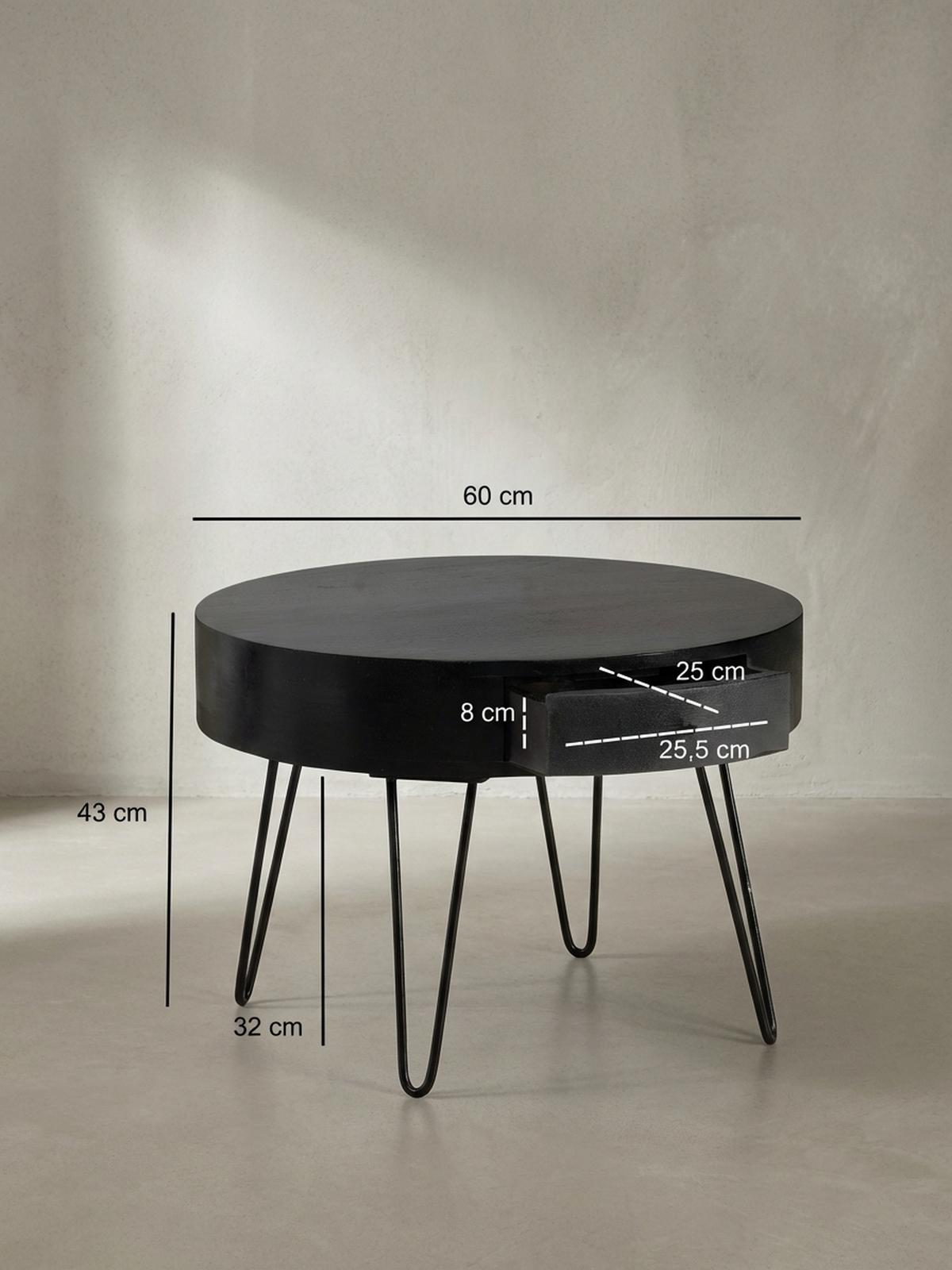 COUCHTISCH Rund Mango Massivholz Metall, 60x60x43 cm, mit Schublade, Stauraum und Haarnadelbeinen - Schwarz, Holz/Metall (60/60/43cm) - KADIMA DESIGN