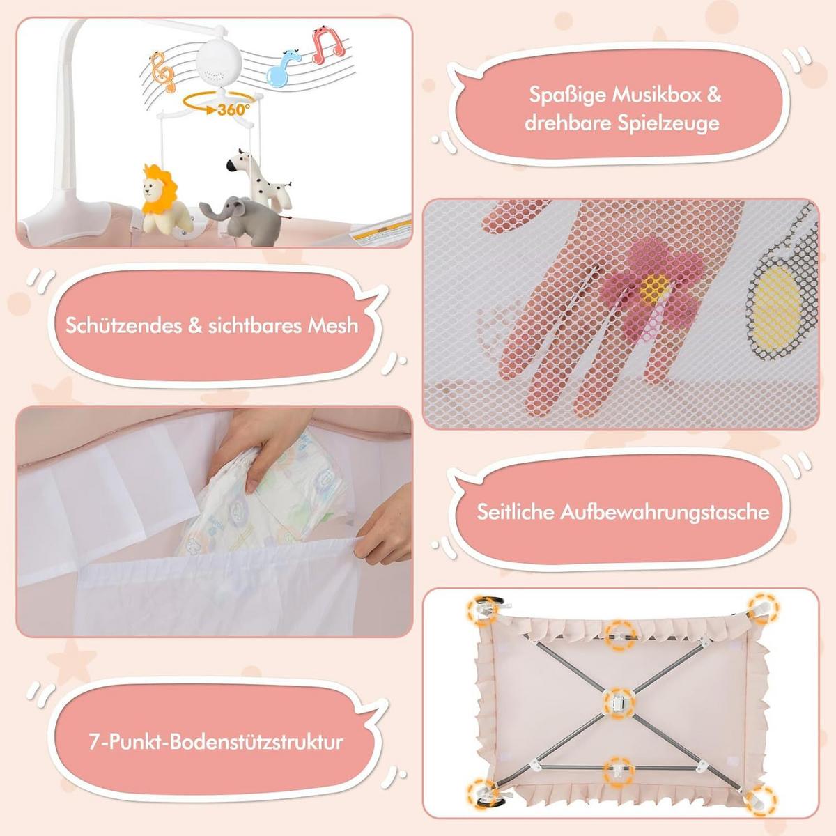 BABYBETT mit abnehmbarem Baldachin rosa - Pink, Textil - COSTWAY