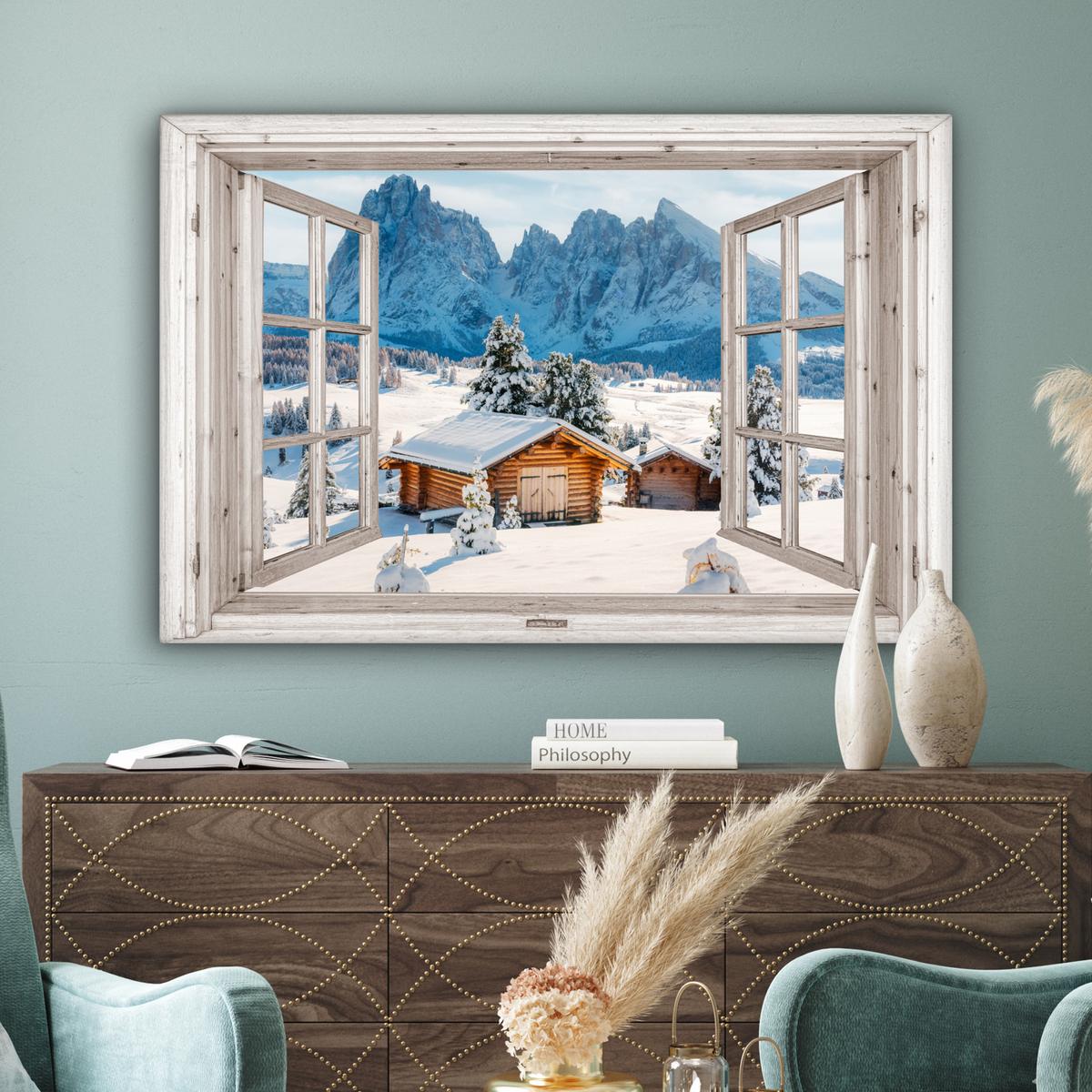 LEINWANDBILD Winterlandschaft - Hütte - Berge - Ausblicke - Aussicht - Natur XXL 150x100 cm - Weiß Hochglanz, Textil (150/100cm) - MuchoWow