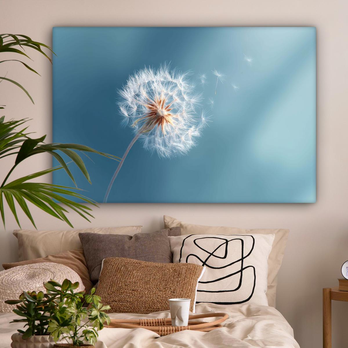 LEINWANDBILD Löwenzahn - Wind - Blau XXL 150x100 cm - Blaugrau, Textil (150/100cm) - MuchoWow