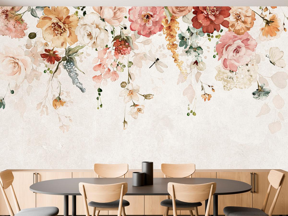 FOTOTAPETE für Esszimmer Aquarellblumen Blätter Pflanzen Pfingstrosen Rosen 450x315 - Multicolor, Papier (450/315cm) - Muralo