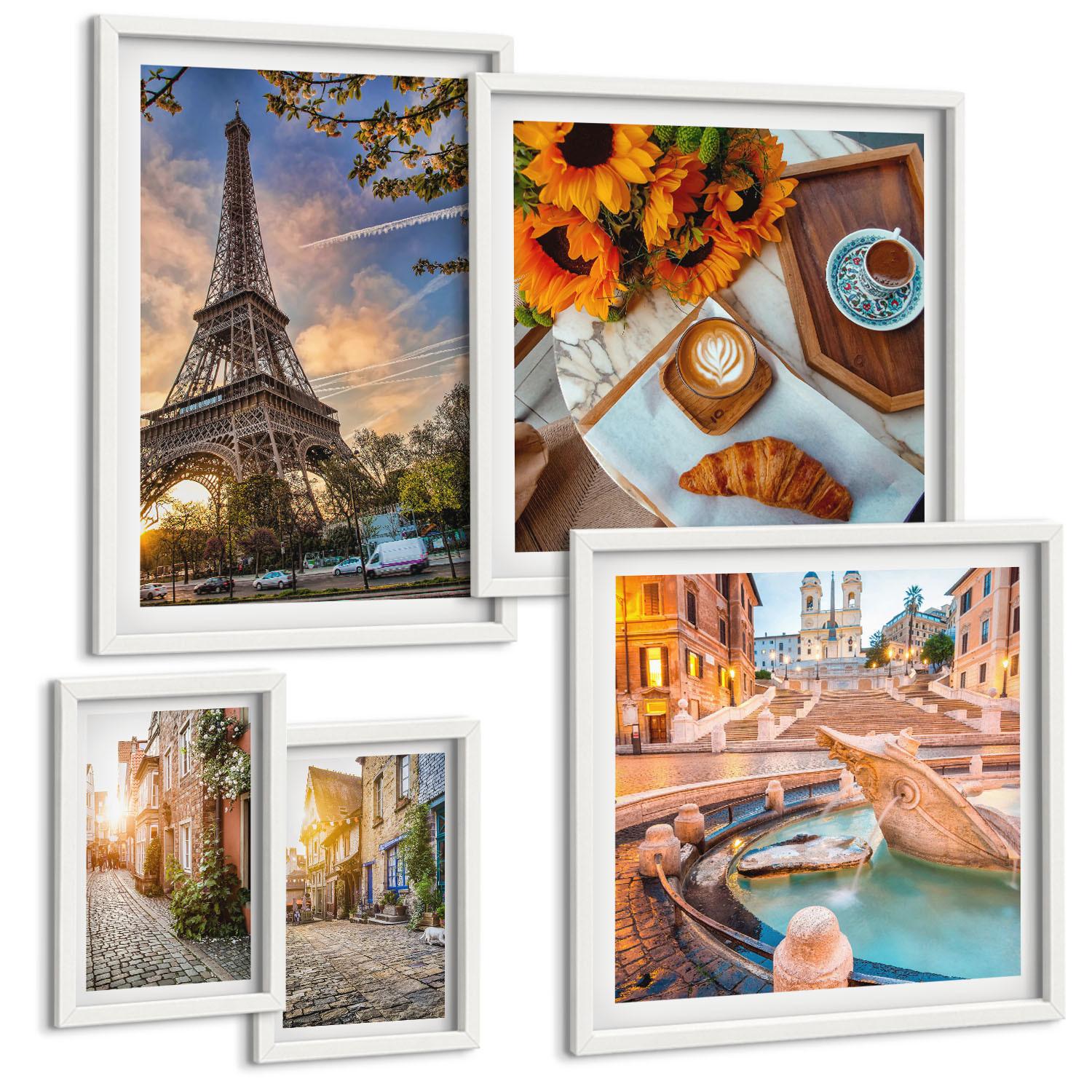 BILDER SET 5er Set - 50x50 cm & 20x30 cm & 40x60 cm Weißer Rahmen - Charmante Straßen mit Kaffee - Weiß, Kunststoff (40/60cm) - TULUP