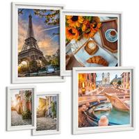 BILDER SET 5er Set - 50x50 cm & 20x30 cm & 40x60 cm Weißer Rahmen - Charmante Straßen mit Kaffee - Weiß, Kunststoff (40/60cm) - TULUP