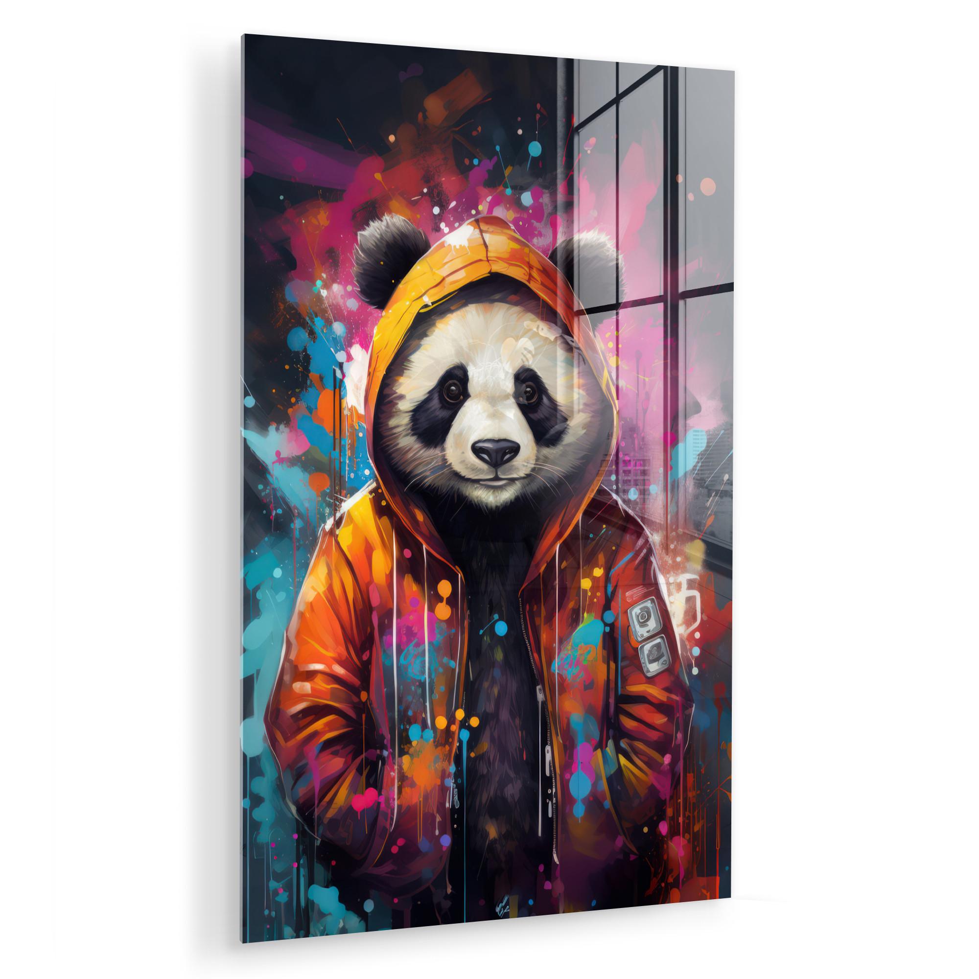 ACRYLGLASBILD Panda - Jacke - Graffiti - Orange Wandbild 60x90 cm - Orange, Glas (60/90cm) - MuchoWow