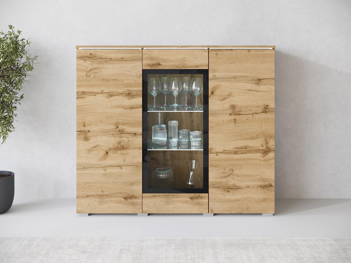 KOMMODE Vera 120 mit weißer LED Beleuchtung - Eiche Wotan/Silberfarben, Holzwerkstoff/Kunststoff (120/104/40cm) - MIRJAN24