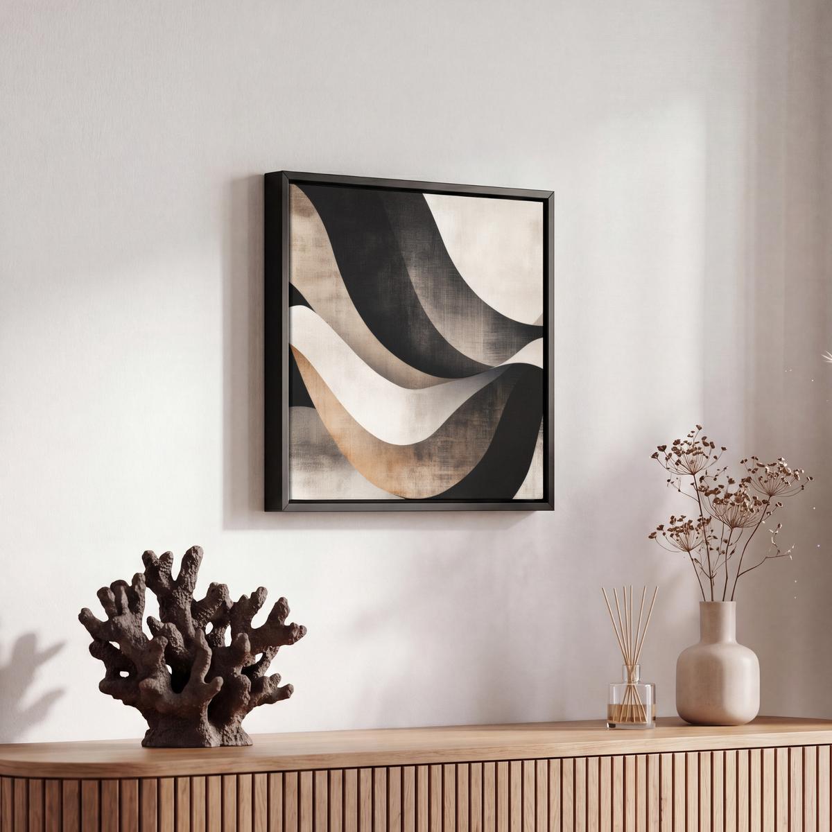 LEINWAND Bilder mit Rahmen - Abstrakt - Wellen - Schwarz - Verwittert - 20x20 - Trüffeleichefarben, Textil (20/20cm) - MuchoWow