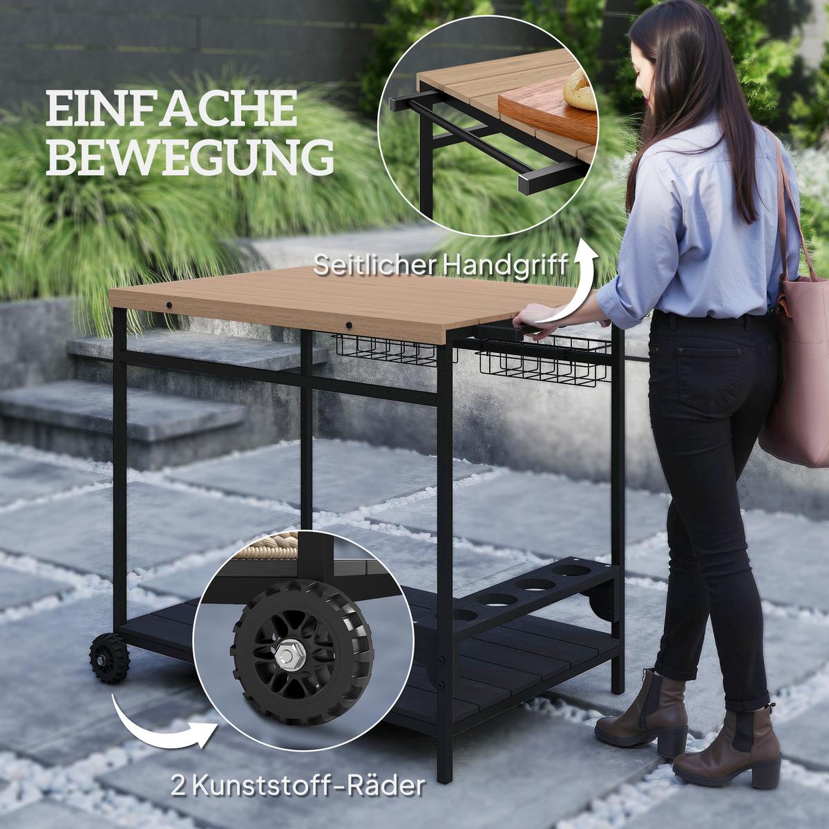 GARTENROLLWAGEN mit 2 Ebenen, mit Aufbewahrungskorb, mit Griff, Tanne, Natur - Fichtefarben, Holz (65/81/97.5cm) - Outsunny