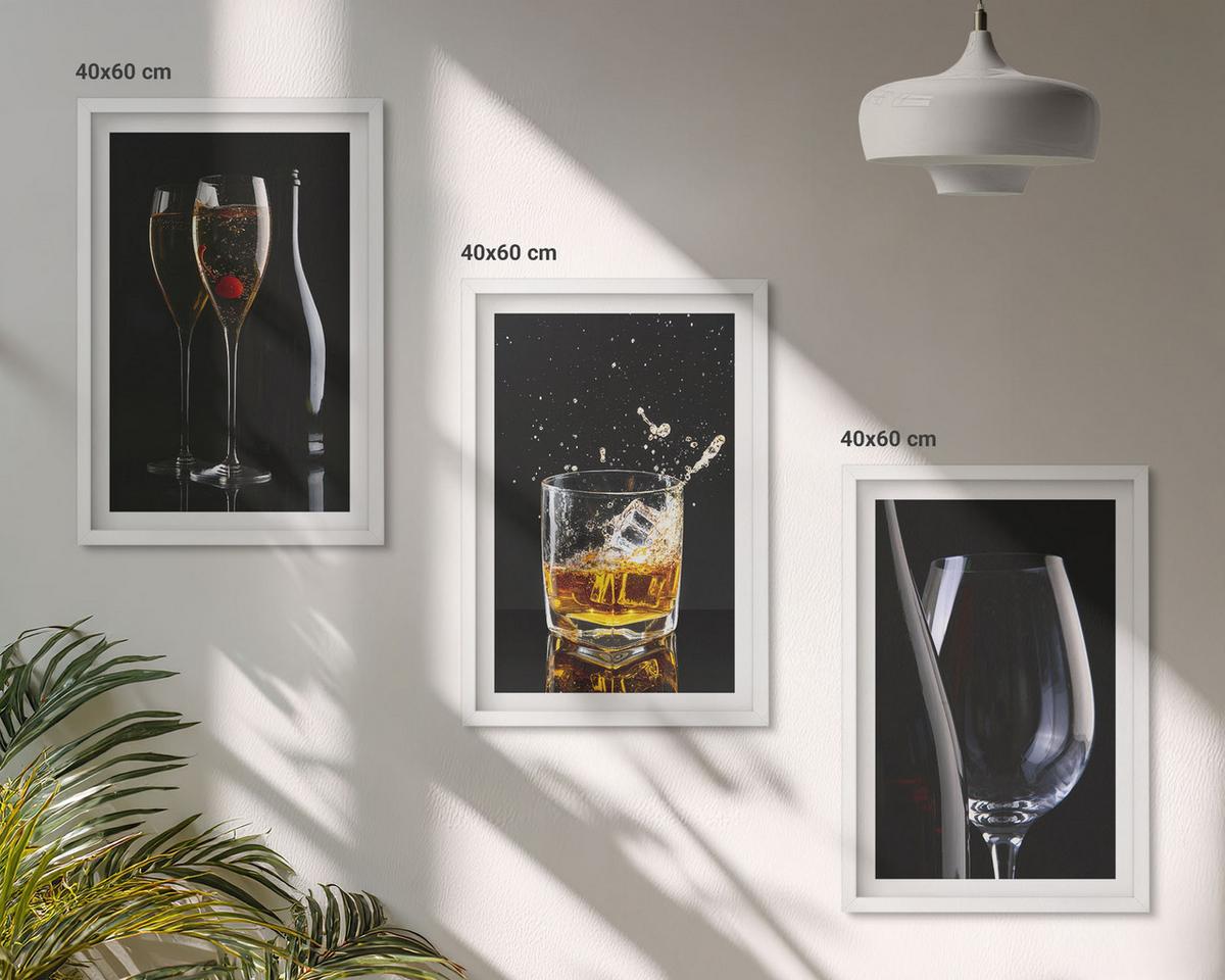 BILDER SET 3er Set - 40x60 cm Weißer Rahmen - Weingläser und Whiskygläser auf schwarzem Hintergrund - Weiß, Kunststoff (40/60cm) - TULUP