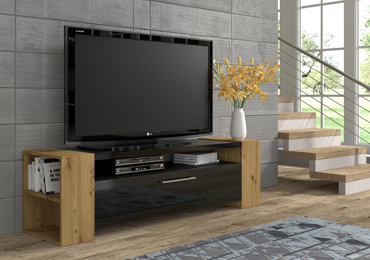 TV LOWBOARD Artisan Eiche/Schwarz Hochglanz 160/42/40 - Schwarz Hochglanz/Eiche Artisan, Holzwerkstoff (160/42/40cm) - RAUMHIRSCH FURNITURE