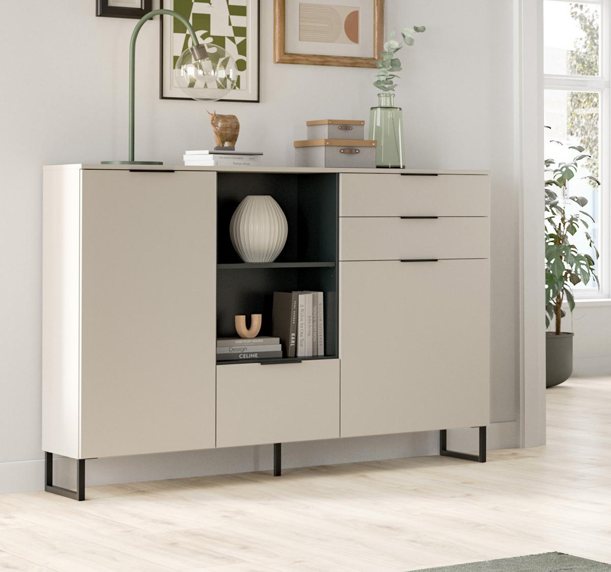 HIGHBOARD Kaschmir, Schwarz 150 x 112 cm, Kommode mit Soft-Close - Kaschmir/Schwarz, Holzwerkstoff/Kunststoff (150/150/37cm) - Inn.Furn
