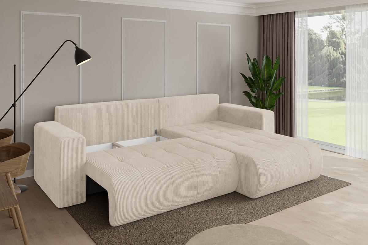 ECKSOFA mit Schlaffunktion Ottomane Rechts MILA-L 277x194x86 Beige Cord - Beige/Schwarz, Holzwerkstoff/Kunststoff (277/194cm) - ALTDECOR