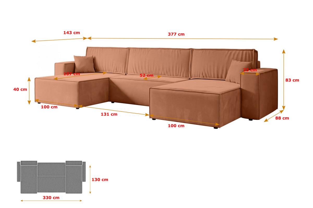 WOHNLANDSCHAFT mit Schlaffunktion und Bettkasten CELTIC-XLU - 377x143x83 cm Koralle Velours - Koralle/Schwarz, Holzwerkstoff/Kunststoff (377/83/143cm) - ALTDECOR