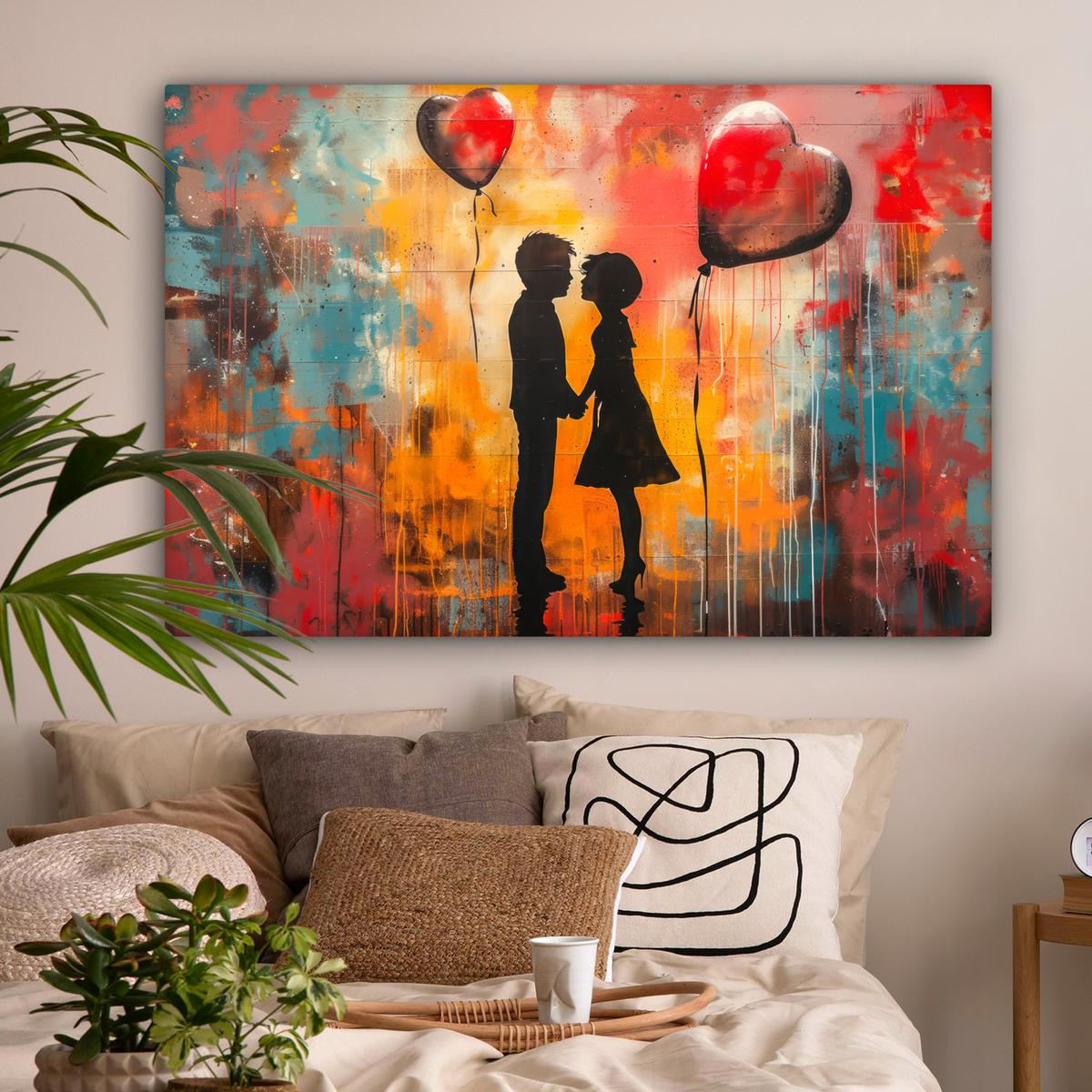 LEINWANDBILD Straßenkunst - Liebe - Graffiti - Kunst - Banksy Wohnzimmer Groß 120x80 cm - Orange, Textil (120/80cm) - MuchoWow