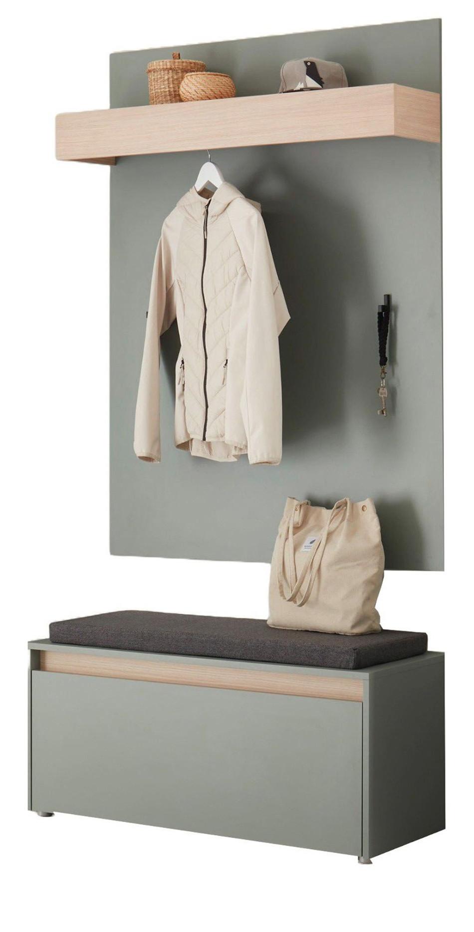 GARDREROBE Set 2-teilig Salbei Grün mit Eiche, Schuhbank und Wandgarderobe 100 x 200 cm, inkl. Sitzkissen - Salbeigrün/Dunkelgrau, Holz/Holzwerkstoff (100/200/40cm) - Furn.Design