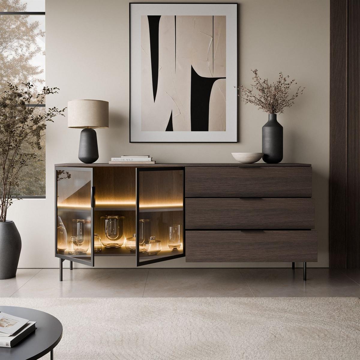 SIDEBOARD LINEA LOFT mit LED-Beleuchtung Eiche + Schwarz - Eichefarben, Holzwerkstoff (181/83/39cm) - Lookway