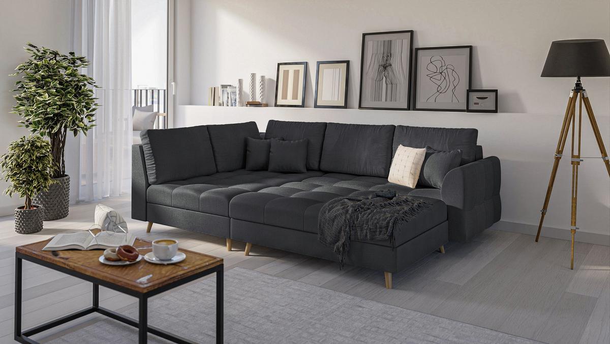 ECKSOFA MIT HOCKER Lorine Mikrofaser Anthrazit - Hellbraun/Anthrazit, Buchenholz/Textil (231/161cm) - S-Style Möbel