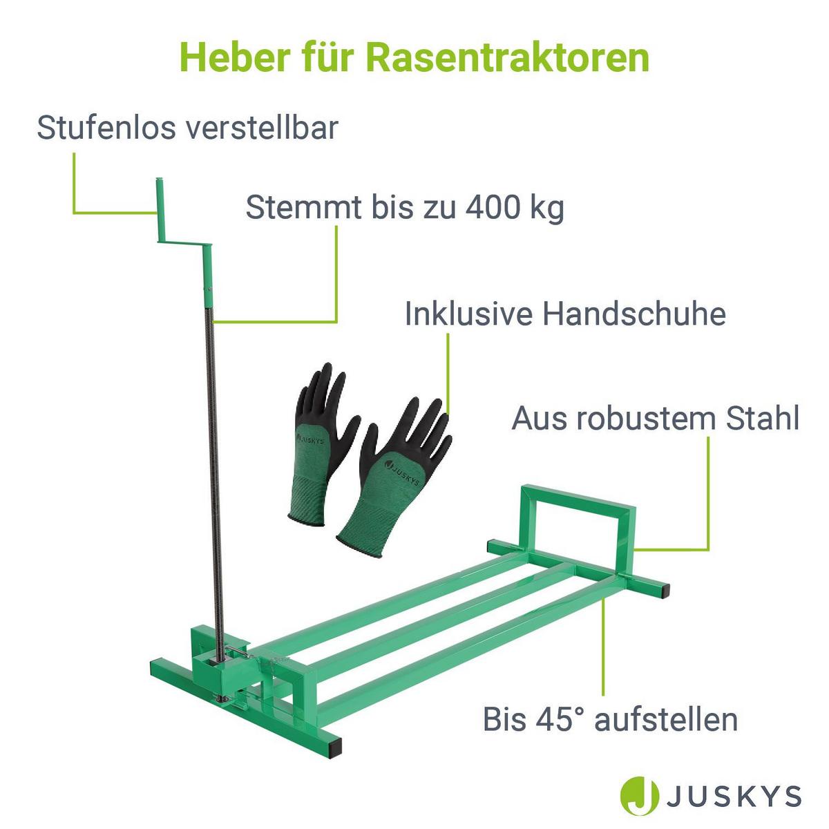 RASENTRAKTORHEBER grün inkl. Handschuhe - Grün, Metall (120/50/100cm) - Juskys