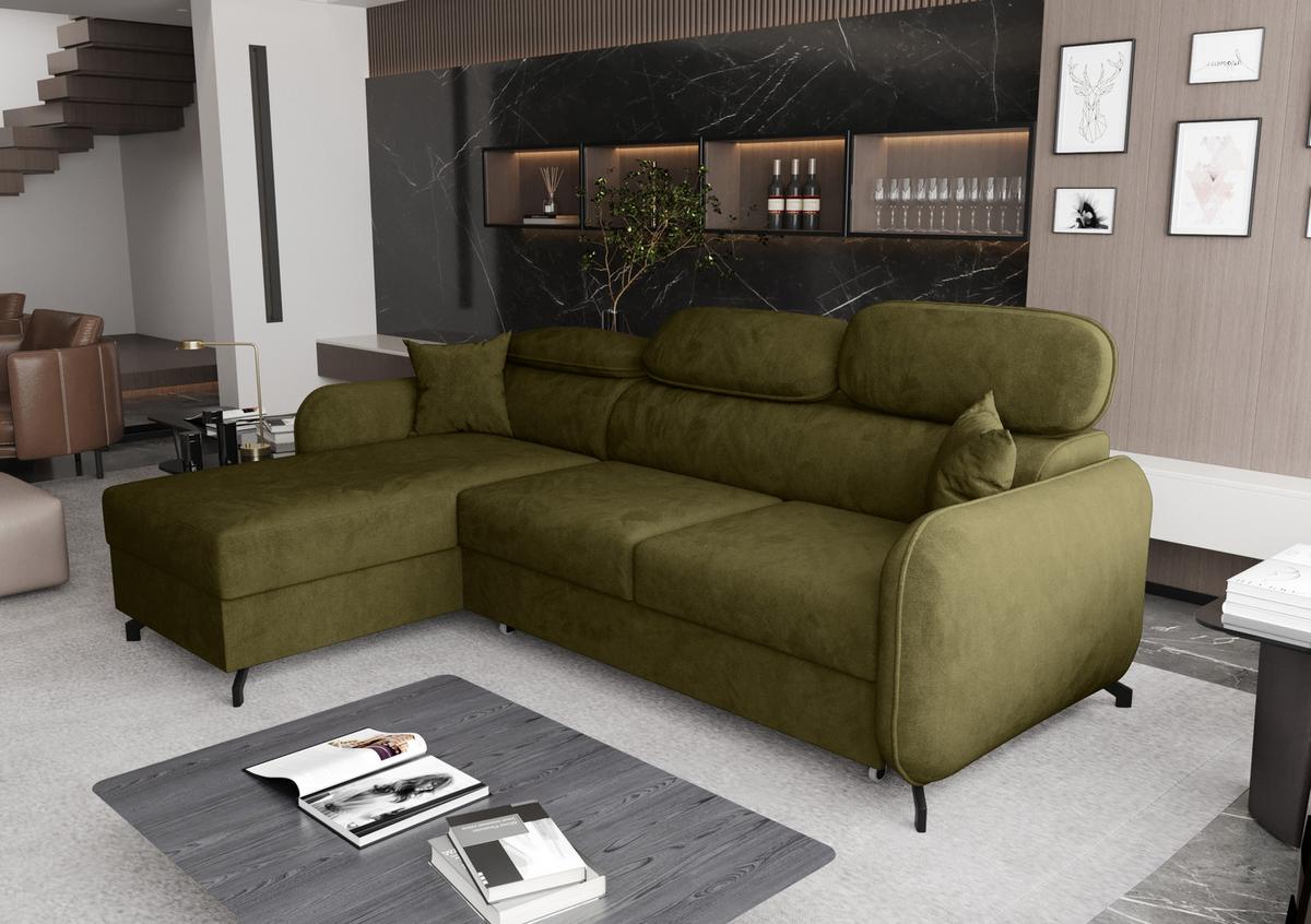 ECKSOFA L Form Ribella 5 Olivgrün 265/180/100 cm Links mit Schlaffunktion - Schwarz/Grün, Textil/Metall (180/265cm) - AX Living
