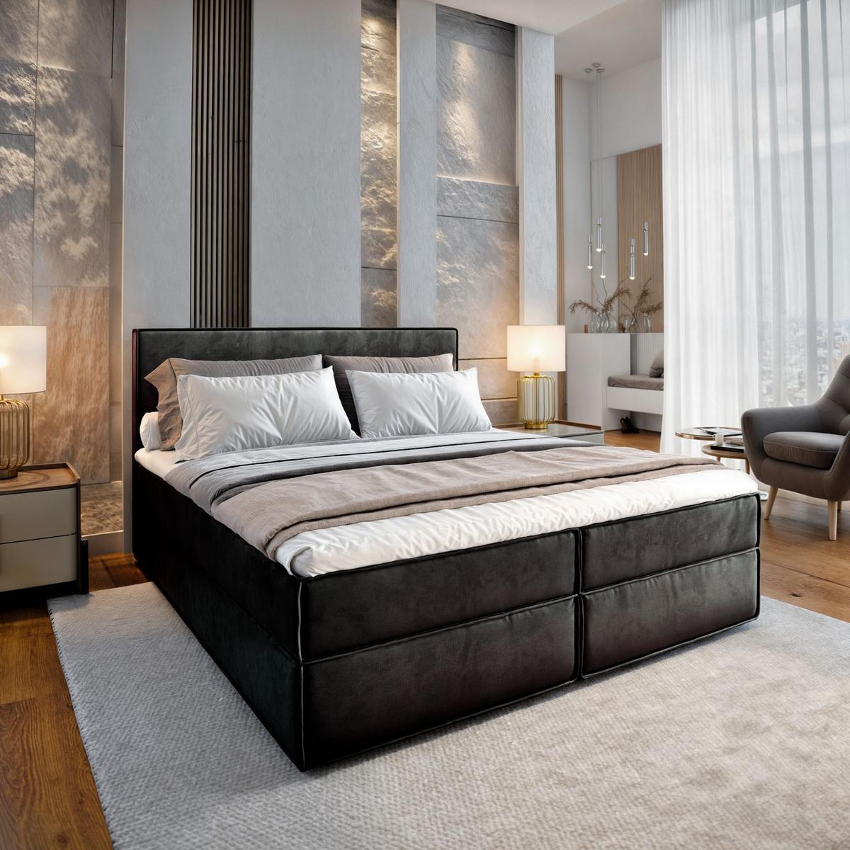 BOXBETT PELLIO 180x200 cm mit Matratze und Topper - Schwarz - Schwarz, Holz (180/200cm) - MASSENO