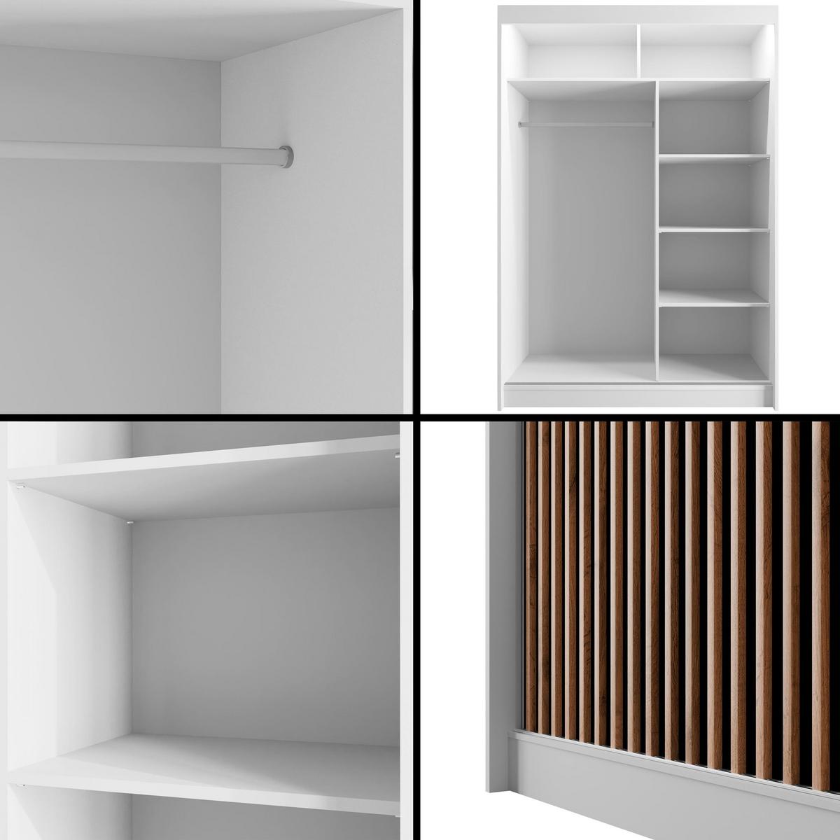 KLEIDERSCHRANK mit LED, Lamel-Schiebetüren VILANv2 - 120 cm Weiß + Lamelle Eiche Wotan - Eiche Wotan/Weiß, Holzwerkstoff (120/215/61cm) - ALTDECOR
