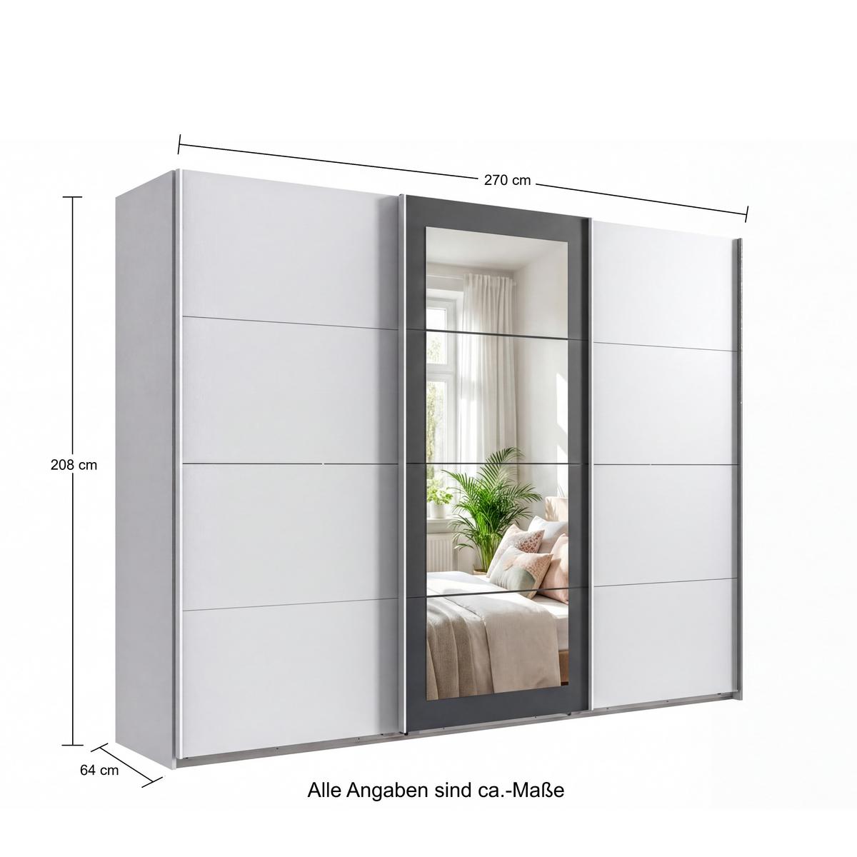 SCHWEBETÜRENSCHRANK 3-türig B270/H208/64 cm Kleiderschrank in Weiß, Spiegel umrahmt in Grafit, Griffe Weiß / 22629 - Graphitfarben/Weiß, Holzwerkstoff/Metall (270/208/64cm) - luma-home
