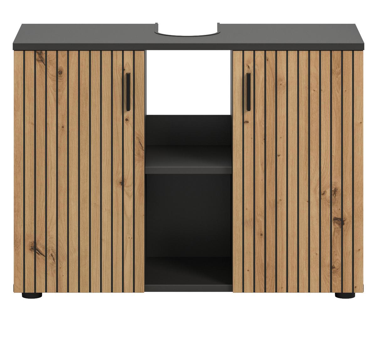 WASCHBECKENUNTERSCHRANK Eiche Artisan, grau 80 cm, Bad Unterschrank mit 6 Fächern, Leistenoptik - Schwarz/Eiche Artisan, Holzwerkstoff/Kunststoff (80/59/30cm) - Inn.Furn